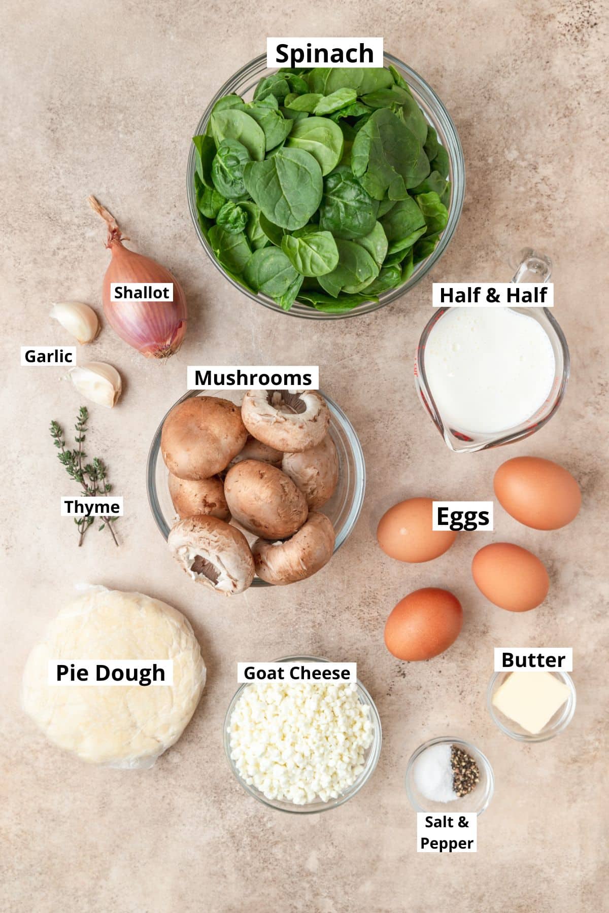 ingredients for spinach mushroom quiche.