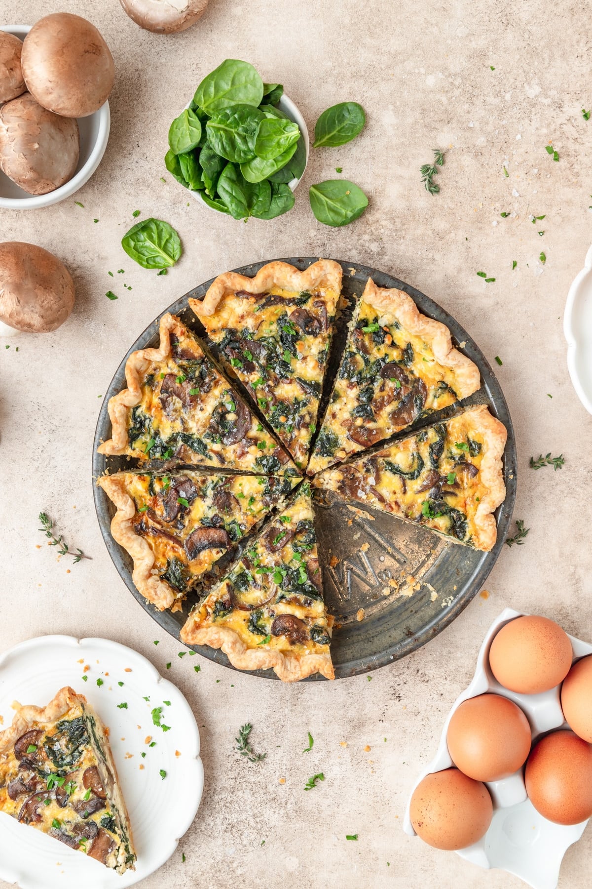 spinach mushroom quiche with goat cheese.
