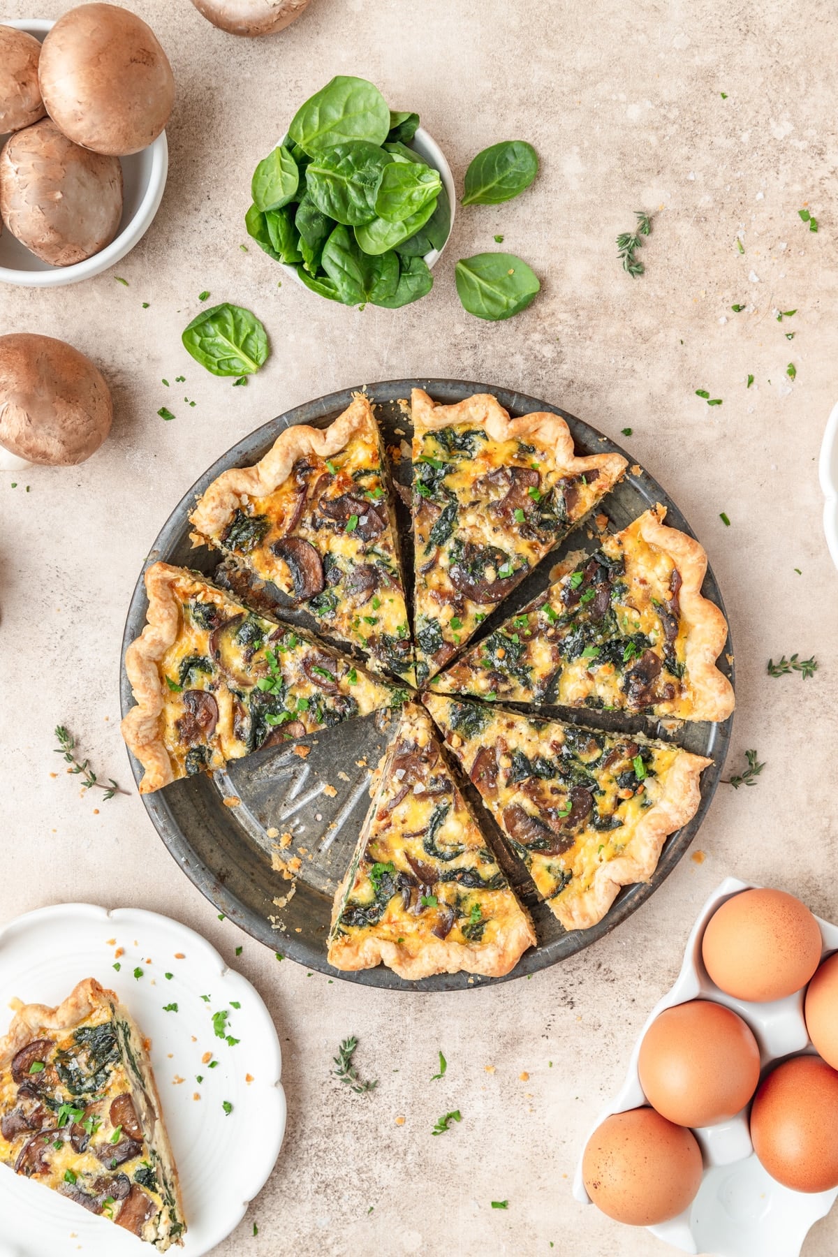 spinach mushroom and goat cheese quiche.