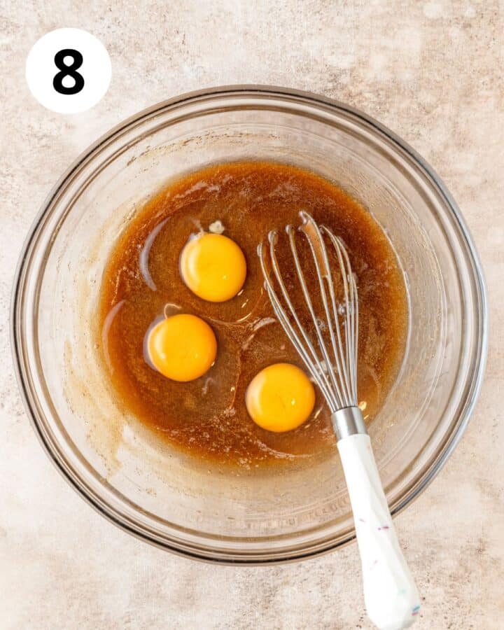 whisking eggs into filling.