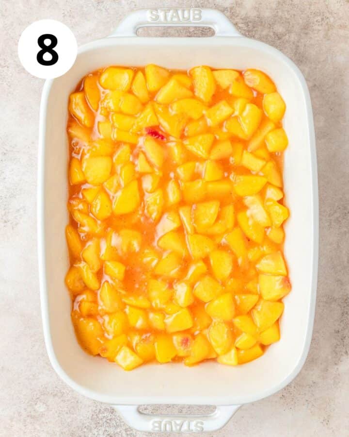 spiced peach filling in baking dish.