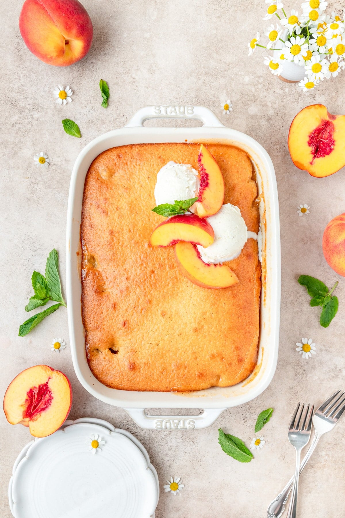 peach cobbler with cornbread topping.