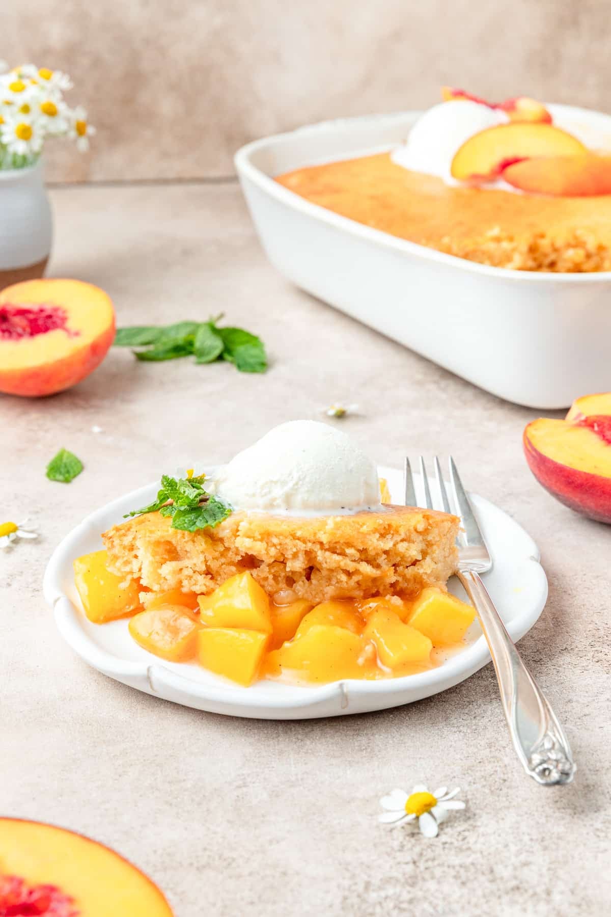 plate of cornbread peach cobbler.