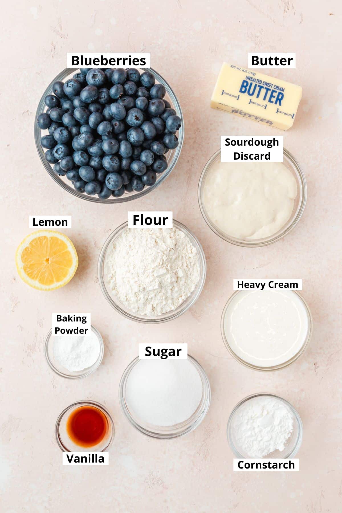 ingredients for sourdough blueberry cobbler. 