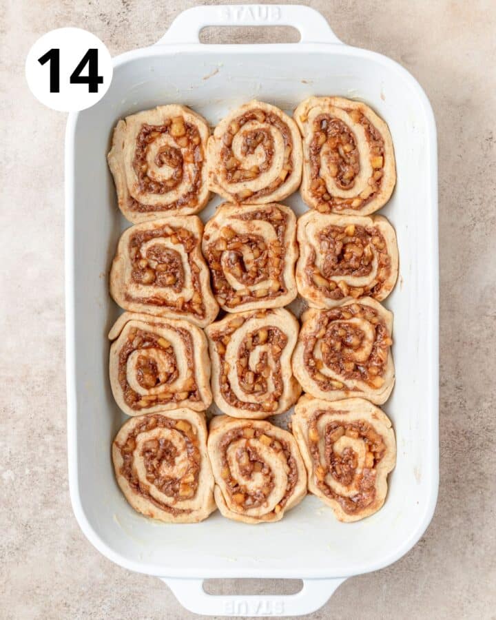 apple cinnamon rolls in baking dish.