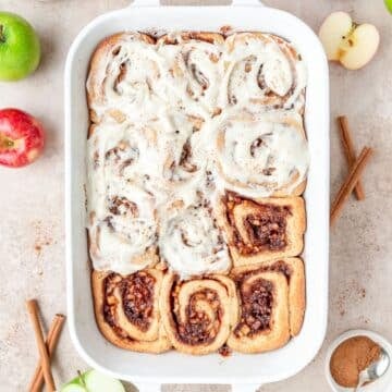 spiced apple cinnamon rolls with cream cheese frosting.
